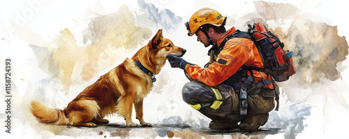 rescuer kneels to pat loyal dog head, showcasing bond of trust and companionship. vibrant colors highlight their connection in heartfelt moment