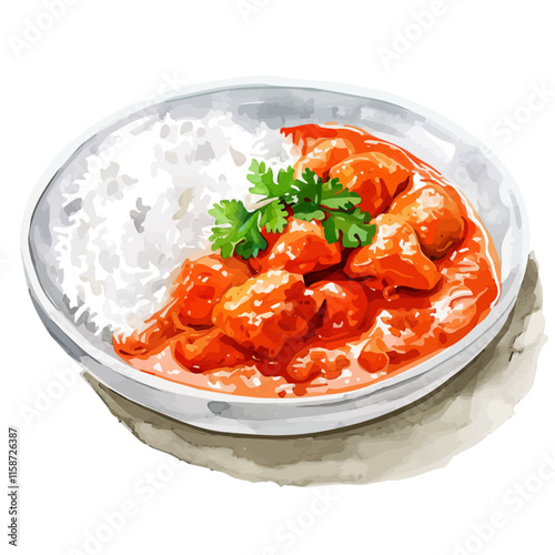 A watercolor vector painting of Indian chicken tikka masala with rice, isolated on a white background. Indian chicken tikka masala vector.

