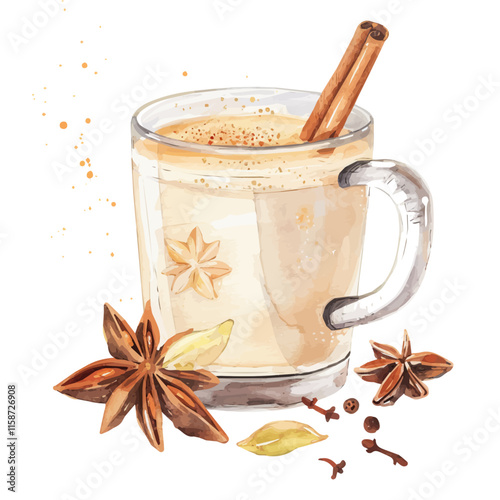 A watercolor vector painting of Indian chai tea with milk and spices, isolated on a white background. Indian chai tea vector.

