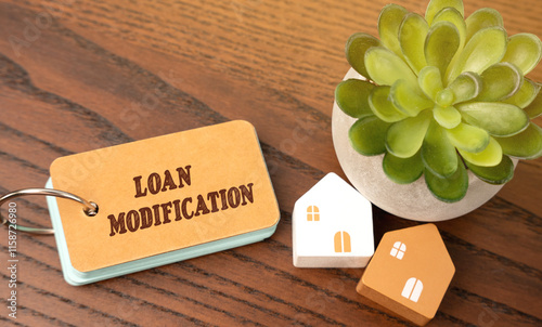 Loan modification concept. Process in which the terms of a borrower's loan are permanently adjusted to make it more manageable and prevent default. Business and Finance. Notes and Miniature Houses