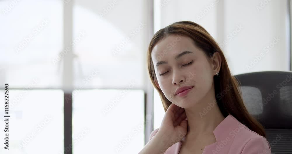 A serene businesswoman enjoys a moment of relaxation in her modern office. A serene businesswoman enjoys a moment of relaxation in her modern office.