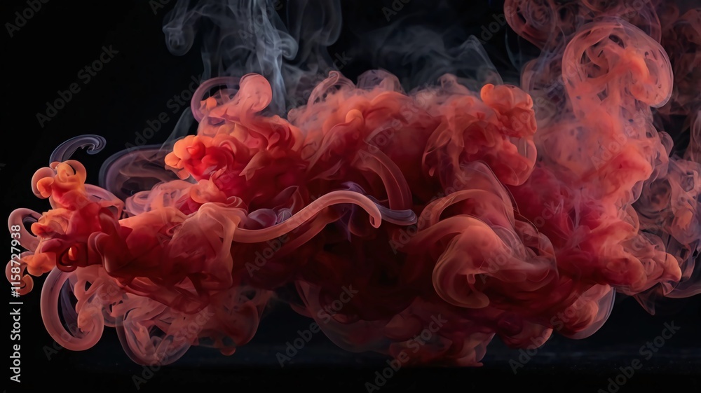 Obraz premium Translucent vibrant Red smoke whiffs and swirls of aromatic colorful incense against Black background.Dramatic smoke fog effect for spooky Halloween background.Vivid and intense background.