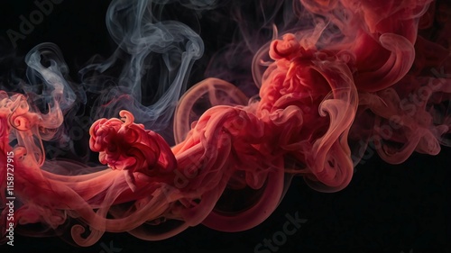 Translucent vibrant Red smoke whiffs and swirls of aromatic colorful incense against Black background.Dramatic smoke fog effect for spooky Halloween background.Vivid and intense background. photo