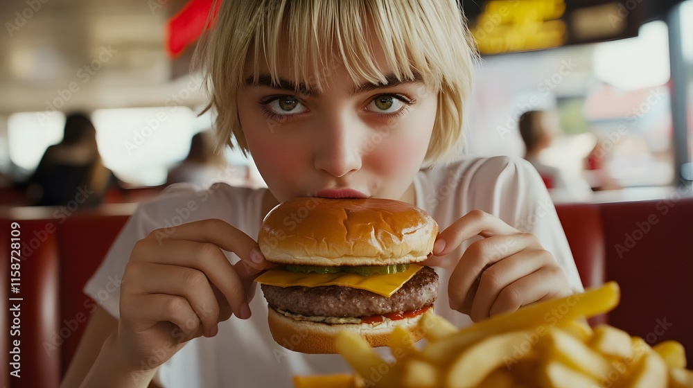 Young woman enjoying a delicious cheeseburger Young woman enjoying a delicious cheeseburger