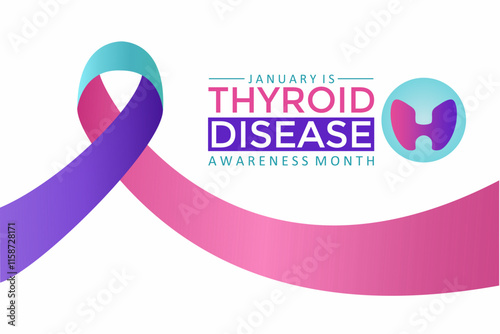 National Thyroid Awareness Month is observed every January. Banner with pink, teal, purple ribbon and a thyroid icon. Thyroid awareness month concept. Vector illustration.