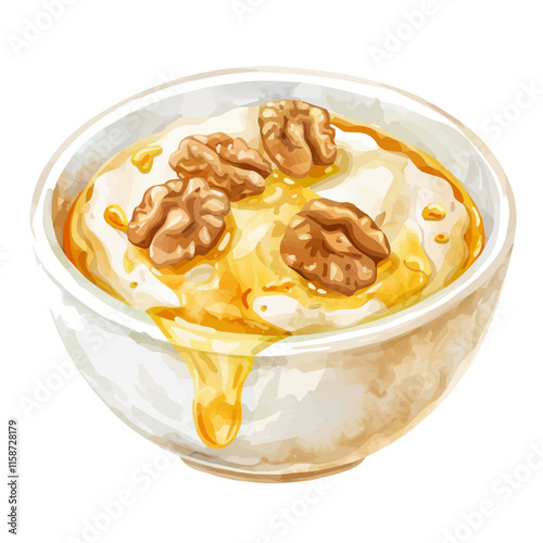 A watercolor vector painting of A delicious bowl of Greek yogurt topped with honey and walnuts, isolated on a white background. Greek yogurt vector.


