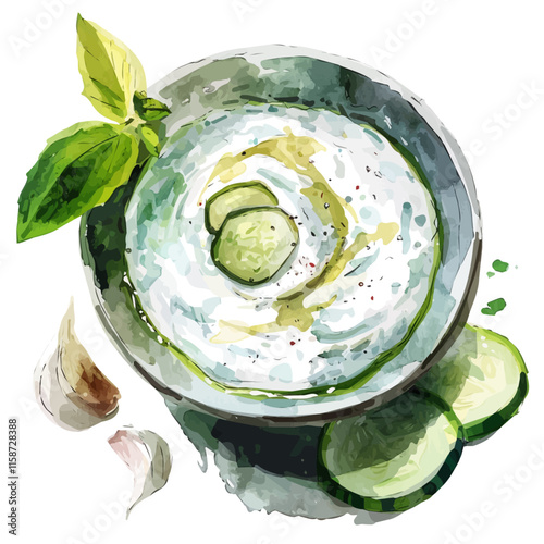 A watercolor vector painting of A bowl of Greek tzatziki made with cucumbers and garlic, served with pita bread on a wooden table.

