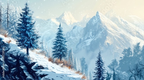 A picturesque scene of snow-dusted pine trees standing tall a