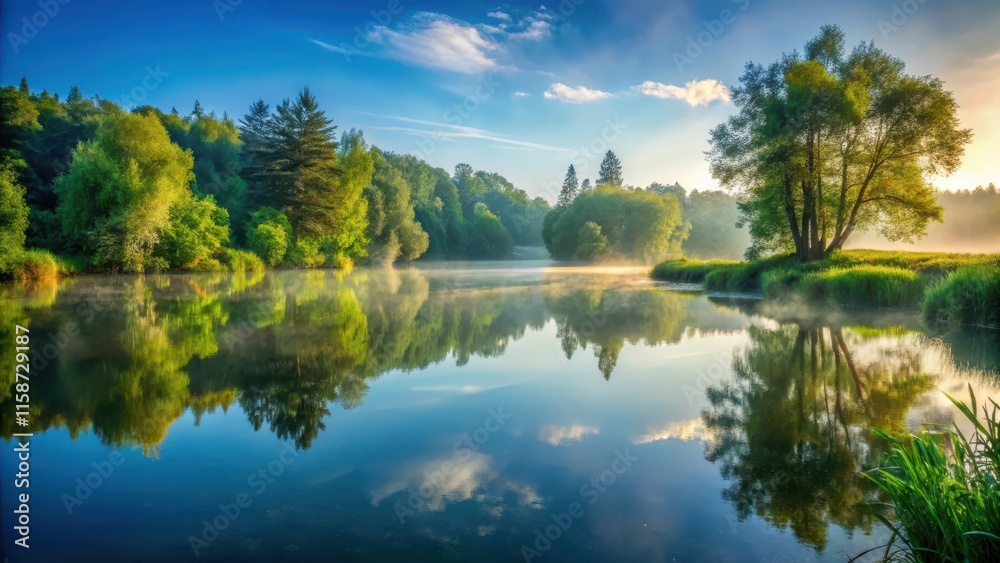 Serene lake surrounded by lush greenery and trees in the morning light, with a misty atmosphere and a calm water surface, peaceful scene, panorama lake morning serene Serene lake surrounded by lush greenery and trees in the morning light, with a misty atmosphere and a calm water surface, peaceful scene, panorama lake morning serene