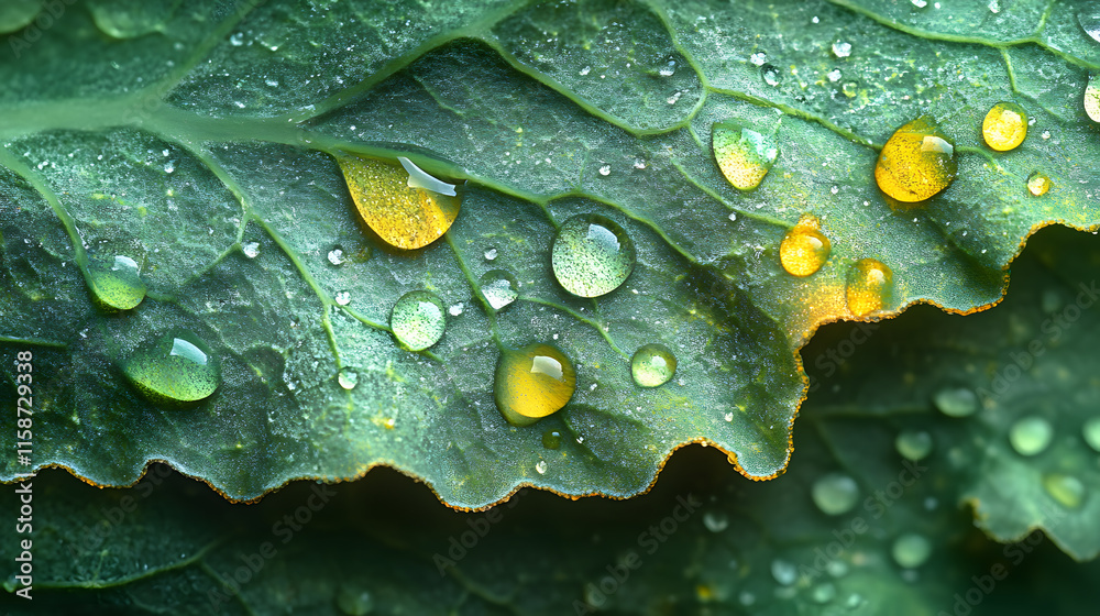 Fototapeta premium A highly detailed macro photography of dewdrops glistening on the delicate edges of a fern leaf, captured with th