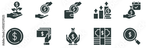 Dollar currency icon collection set.Containing money,savings, banknote, payment, finance and more. Collection of isolated icons related to dollar currency	