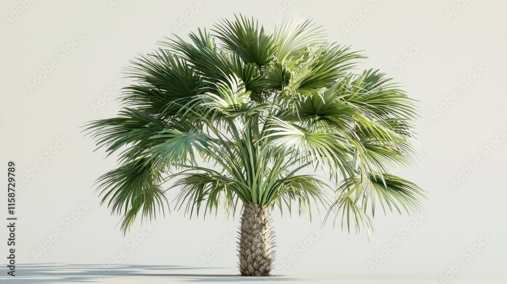 Fototapeta premium A single, isolated Mediterranean fan palm tree with a thick trunk and broad, spreading fronds against a light background.