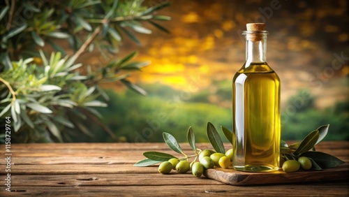 Glass bottle of extra virgin olive oil on a wooden table , natural, bottle,  natural, bottle, olive oil, pantry, healthy