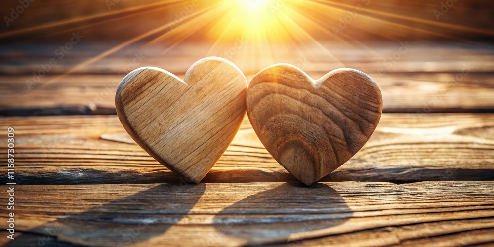 Two wooden hearts arranged in a symmetrical pattern on a rustic wooden table, with natural sunlight casting a warm glow on the surrounding surface , table, lighting Two wooden hearts arranged in a symmetrical pattern on a rustic wooden table, with natural sunlight casting a warm glow on the surrounding surface , table, lighting