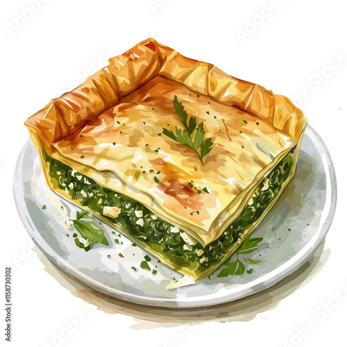 A watercolor vector painting of A slice of Greek spanakopita made with spinach and layers of crispy filo dough, served on a plate with a side of salad.

