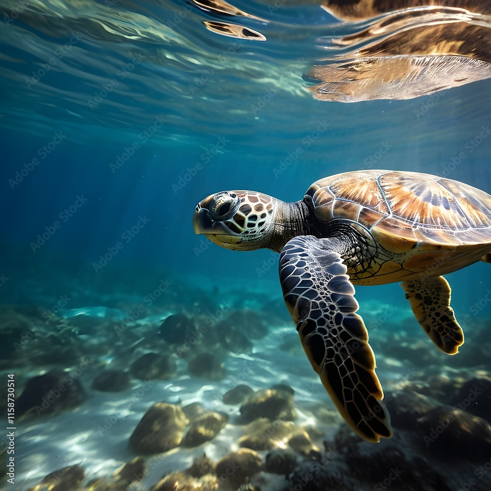 Fototapeta premium Graceful Sea Turtle Swimming Through Blue Waters