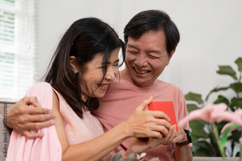 Joyful Senior Couple Celebrating Valentine's Day with Gift Exchange and Laughter at Home Joyful Senior Couple Celebrating Valentine's Day with Gift Exchange and Laughter at Home