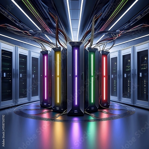 Five interconnected supercomputers forming a unified, high-power system via LAN, showcasing the synergy of teamwork, enhanced processing speed, and improved efficiency.