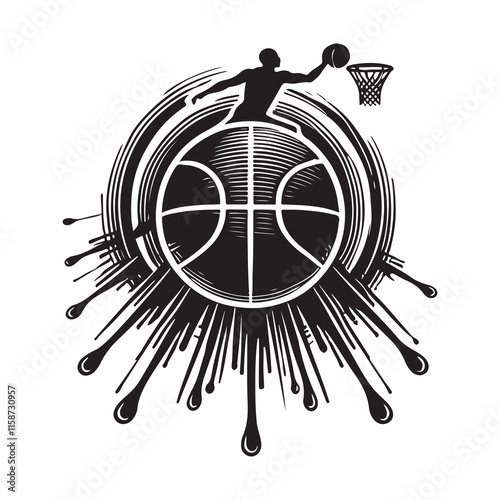 basketball Silhouette Vector Illustration, Solid White Background.