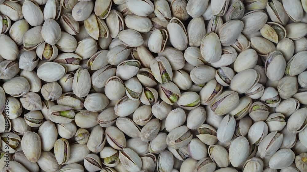 Tasty unpeeled pistachios rotates, top view, close up. Pistachios texture and background. Pile pistachio kernels nuts with shells