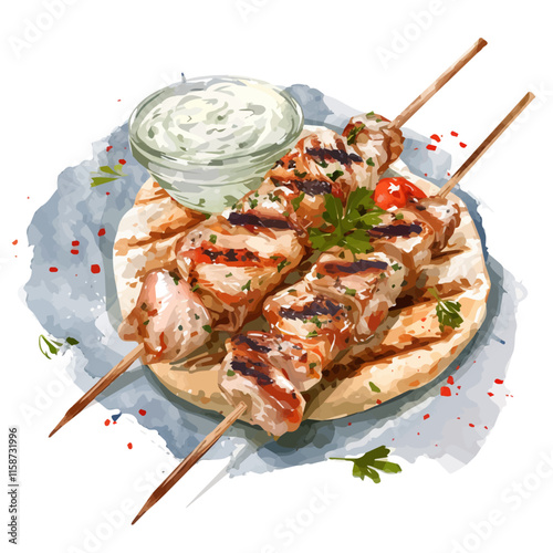 A watercolor vector painting of A plate of Greek souvlaki skewers served with a side of tzatziki sauce, garnished with fresh herbs and vegetables.

