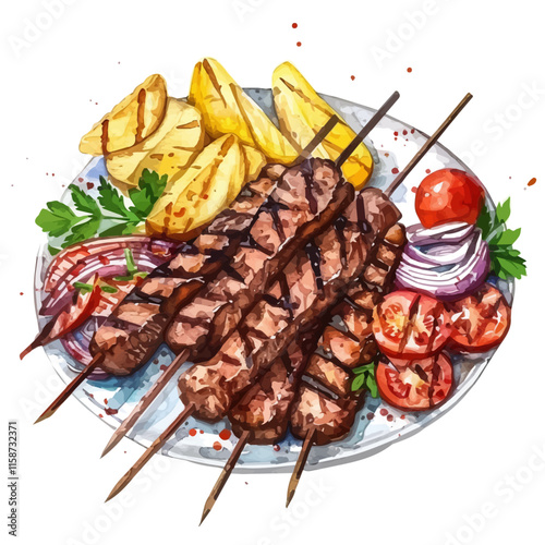 A watercolor vector painting of A mouthwatering Greek souvlaki featuring grilled meat and colorful vegetables, served on a skewer with tzatziki sauce.

