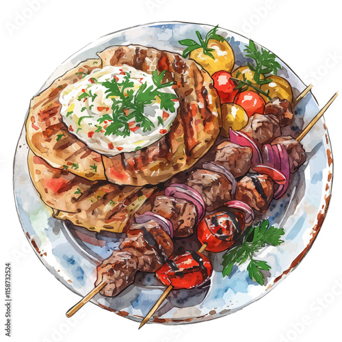A watercolor vector painting of A mouthwatering Greek souvlaki featuring grilled meat and colorful vegetables, served on a skewer with tzatziki sauce.

