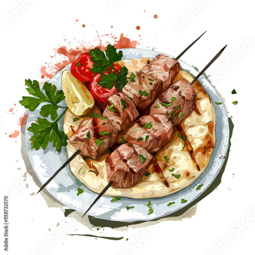 A watercolor vector painting of A delicious Greek souvlaki with tender grilled meat, served in warm pita bread with fresh toppings.

