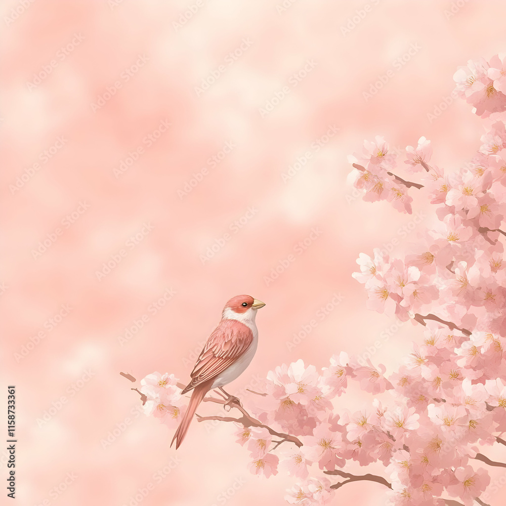Pink Bird on Cherry Blossom Branch Illustration Pink Bird on Cherry Blossom Branch Illustration