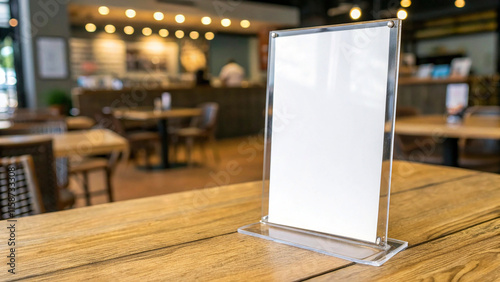 Mock up Label the blank menu frame in Bar restaurant ,Stand for booklets with white sheets paper acrylic tent card on wooden table cafeteria blurred background can inserting the text of the customer.