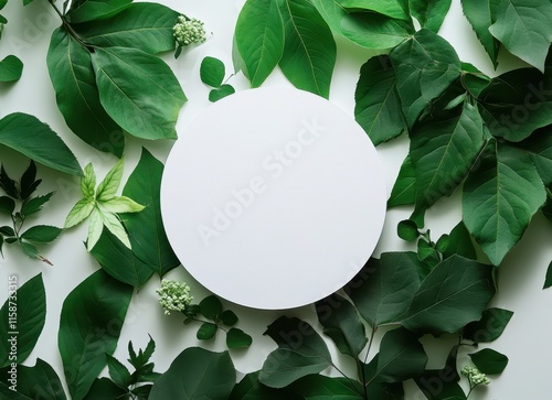 White Circle Framed by Green Leaves and Flowers