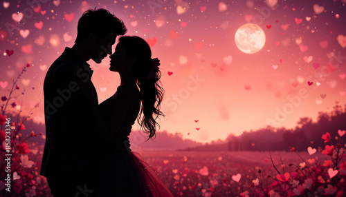 Romantic silhouette of a couple embracing against a pink sky with heart shapes and a full moon