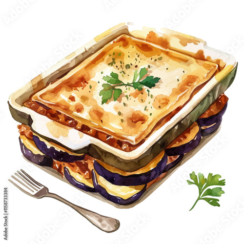 A watercolor vector painting of Greek moussaka with layers of eggplant and minced meat, topped with a creamy béchamel sauce.

