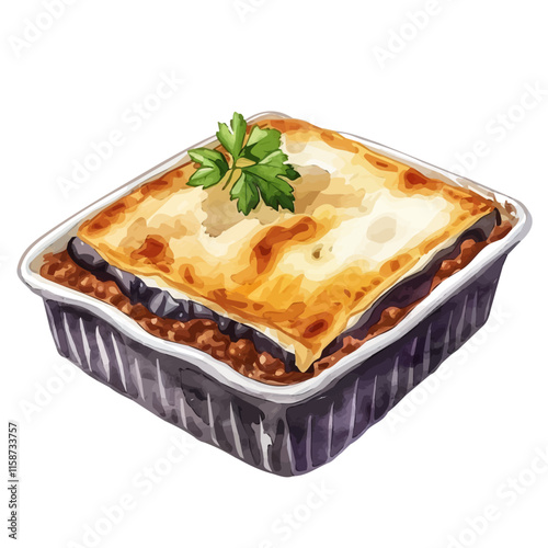 A watercolor vector painting of Greek moussaka with layers of eggplant and minced meat, topped with a creamy béchamel sauce.

