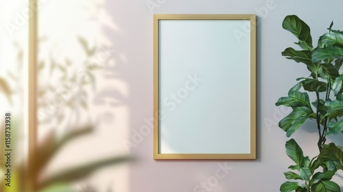 Vertical poster frame with sleek wooden finish on soft pastel wall photo