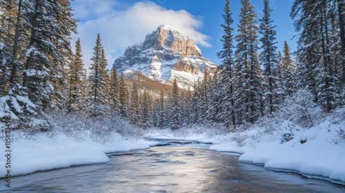 A tranquil alpine setting with snow-covered pine trees framing