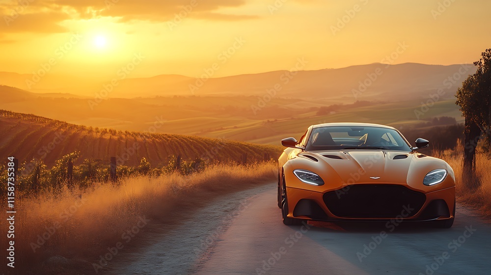 Orange sports car on a scenic road at sunset. Orange sports car on a scenic road at sunset.