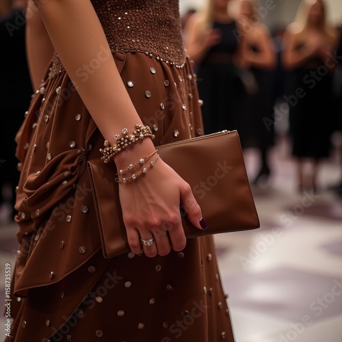 Woman holding clutch bag at elegant evening event.