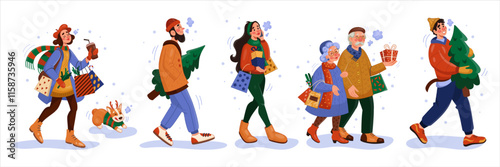 People walk. Winter holiday. Christmas fair. Young woman with festive gift boxes. Happy old couple holding present bags. Man carrying Xmas tree. New Year party celebration. Vector tidy persons set