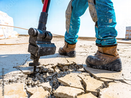 Concrete construction. Worker using a jackhammer on cracked concrete surface. photo