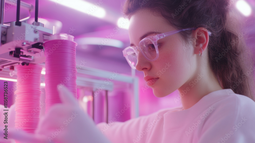 Worker calibrating 3D printer in vibrant, pink lit environment, focused on precision and detail. atmosphere is modern and innovative, showcasing advanced technology Worker calibrating 3D printer in vibrant, pink lit environment, focused on precision and detail. atmosphere is modern and innovative, showcasing advanced technology