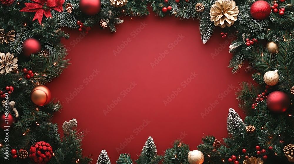 Festive Christmas wreath frame on red background with copy space. Festive Christmas wreath frame on red background with copy space.