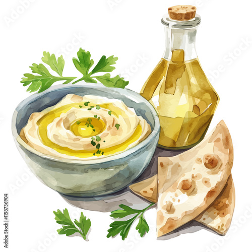 A watercolor vector painting of Greek hummus with olive oil and pita, isolated on a white background. Greek hummus vector.

