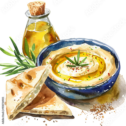 A watercolor vector painting of Greek hummus with olive oil and pita, isolated on a white background. Greek hummus vector.


