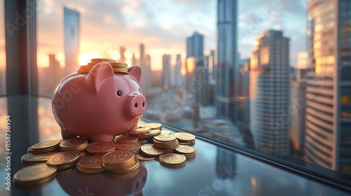 Piggy bank with coins on table, city view.