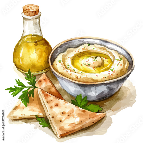 A watercolor vector painting of Greek hummus with olive oil and pita, isolated on a white background. Greek hummus vector.

