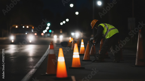 Workers setting up roadblock at night with illuminated cones, ensuring safety during road maintenance. scene captures focus and dedication of crew
