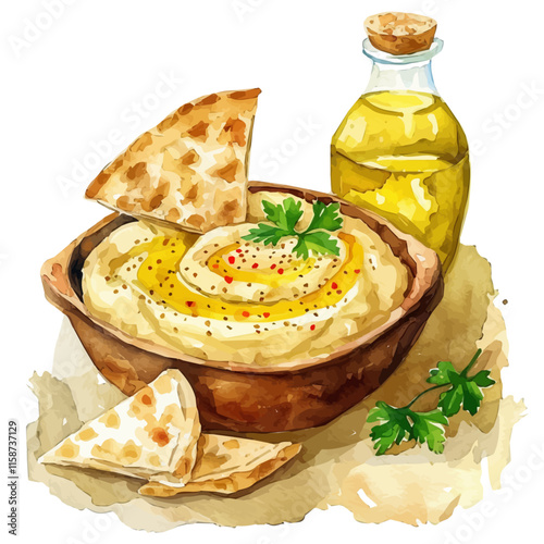 A watercolor vector painting of Greek hummus with olive oil and pita, isolated on a white background. Greek hummus vector.

