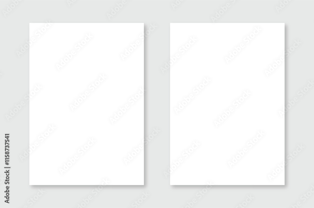 set of blank white paper sheets isolated. Two vertical flyers of A4 format with shadow on a gray background. Vector template for the presentation of banners, posters, postcards, cover and invitation. set of blank white paper sheets isolated. Two vertical flyers of A4 format with shadow on a gray background. Vector template for the presentation of banners, posters, postcards, cover and invitation.