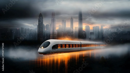 A high-speed maglev train gliding through a futuristic urban landscape. Ultra-Realistic, Photo Realistic, highly detailed,  photo